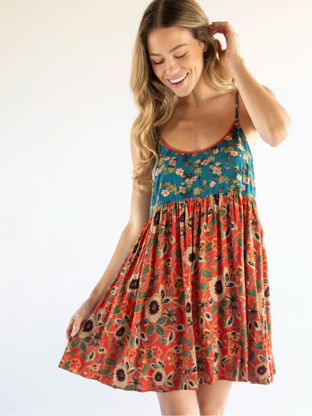Natural Life Small Gigi Mini Dress Teal Orange Floral Sundress Flowy Hippy Boho